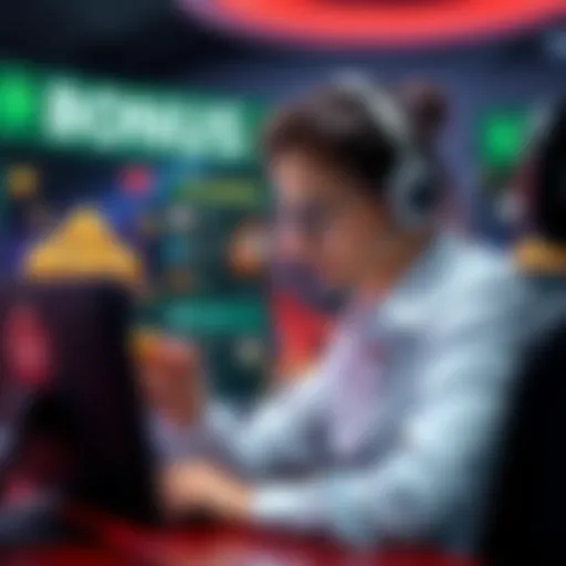 A customer service representative assisting a player in an online casino chat, with graphics of bonus offers and gaming icons in the background.