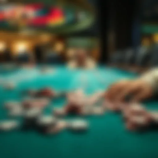 A casino table showing discarded chips and a disappointed player looking at their losses