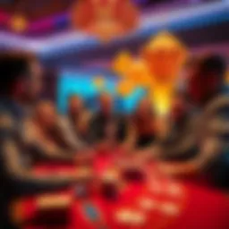 A group of friends laughing at a casino table after losing money, showcasing their humorous reactions.
