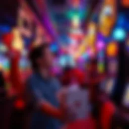 A young adult celebrating their 21st birthday in a lively Las Vegas casino, surrounded by bright lights and slot machines.