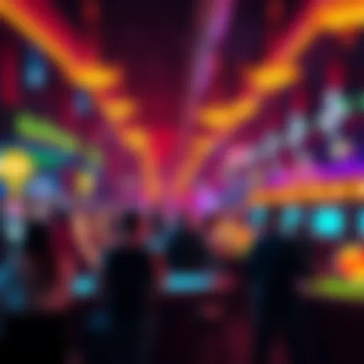 A vibrant casino scene featuring people enjoying games, with K. George themed decorations and lights