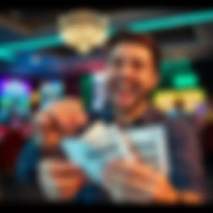 A joyful player celebrating a big win in a casino, showcasing chips and a Keno ticket, symbolizing their increase from 50 to 500 Euros.