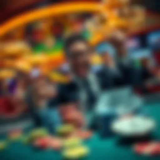 A player celebrating a big win at the casino with chips and cash on the table