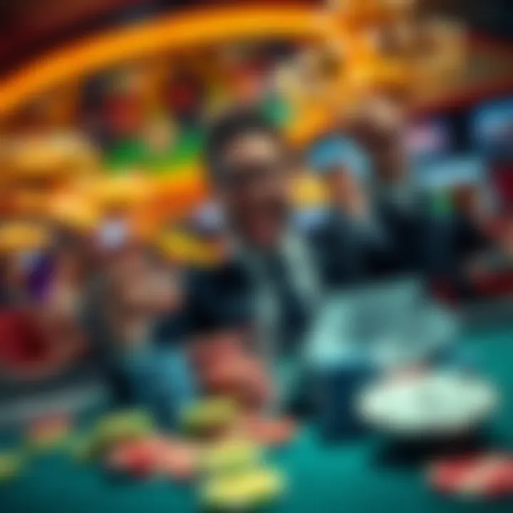 A player celebrating a big win at the casino with chips and cash on the table