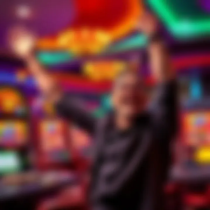 A joyful player celebrating a big win at the casino with a stack of cash and slot machines in the background.