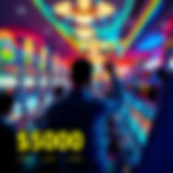 A vibrant casino scene showing players at slot machines celebrating a $5000 win with bright lights and excitement.