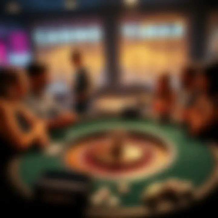 A group of friends enjoying a casino party with roulette and blackjack tables, drinks on the side, and chips scattered around.