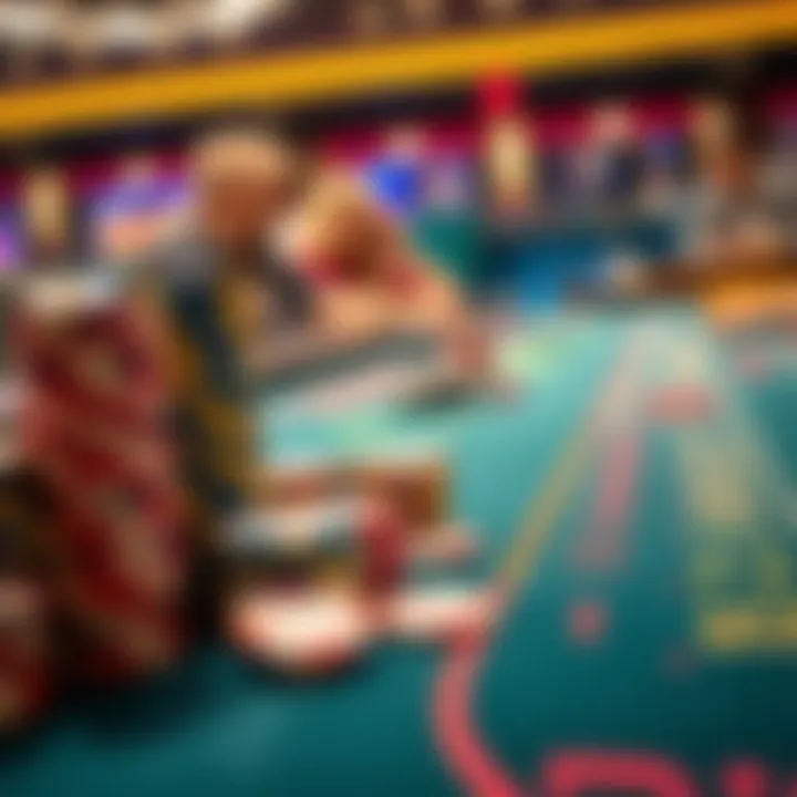 A close-up view of a casino table featuring pass line bets, with colorful chips stacked and players discussing their strategies.