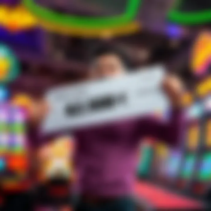 A joyful casino player holds up a check for a large win, surrounded by colorful slot machines and casino lights.