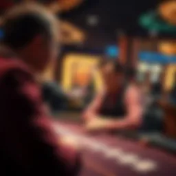 Casino Player in Action A player at a casino table looking stressed after being approached by a Pit Boss, representing a tense moment over a conversation about Blackjack.