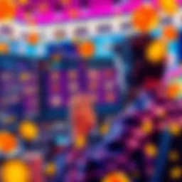 A player examining casino bonuses on a computer screen with vibrant casino design elements in the background.