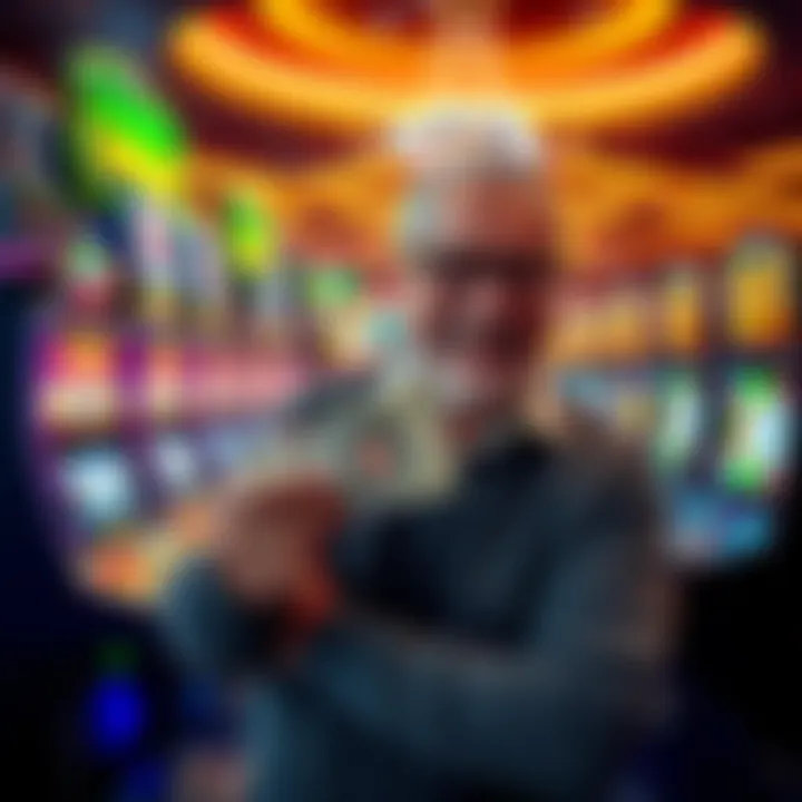 A happy older man celebrating a big win in a casino, surrounded by colorful slot machines and vibrant lights, holding a stack of cash.