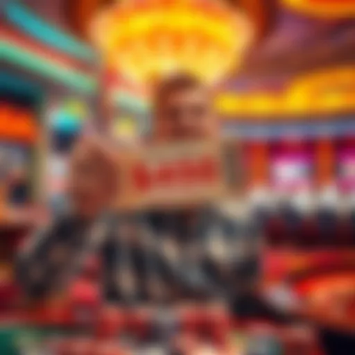 A excited player celebrating a big casino win, holding a ticket showing a $450 prize with gambling chips in the background