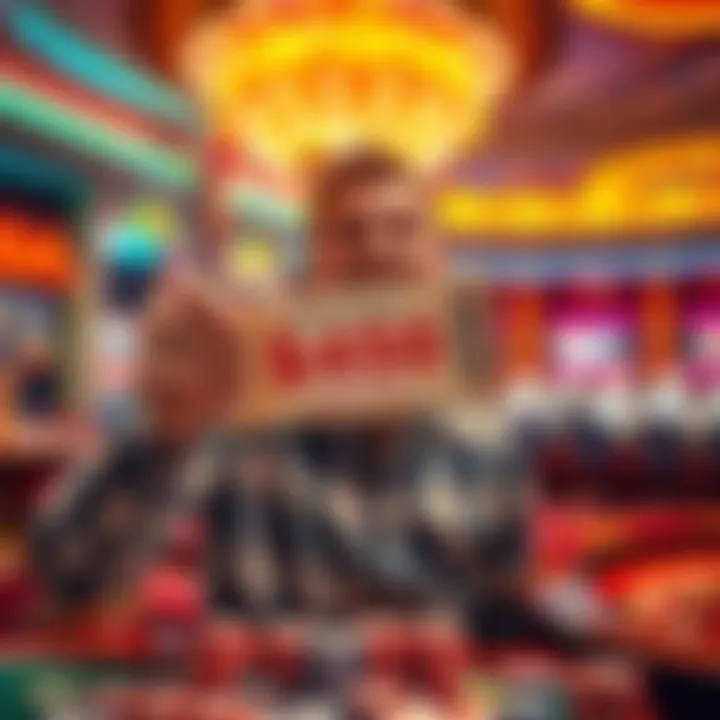 A excited player celebrating a big casino win, holding a ticket showing a $450 prize with gambling chips in the background