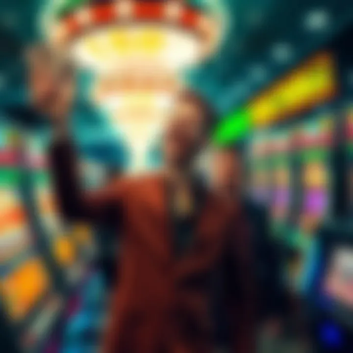 A joyful player at a casino, celebrating a big win with cash and chips in hand, surrounded by slot machines and colorful lights.