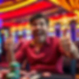 A player excitedly celebrating a big win at the casino while playing Rolling Riches, showing a joyful expression and thumbs up with chips and money around