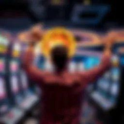 Casino player celebrating a win A joyful casino player with raised arms celebrating an unexpected win at a slot machine
