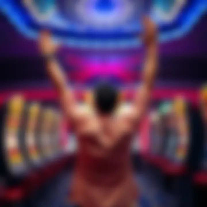 A person joyfully raising their arms in celebration, surrounded by bright lights and slot machines in a casino setting, after hitting a jackpot.