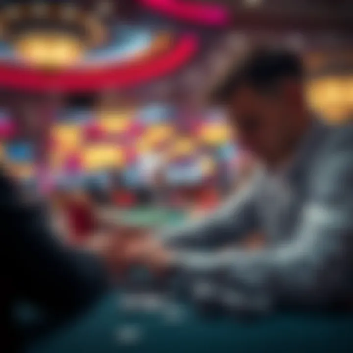 A focused casino player counting chips amidst the noise and distractions of the gaming floor.