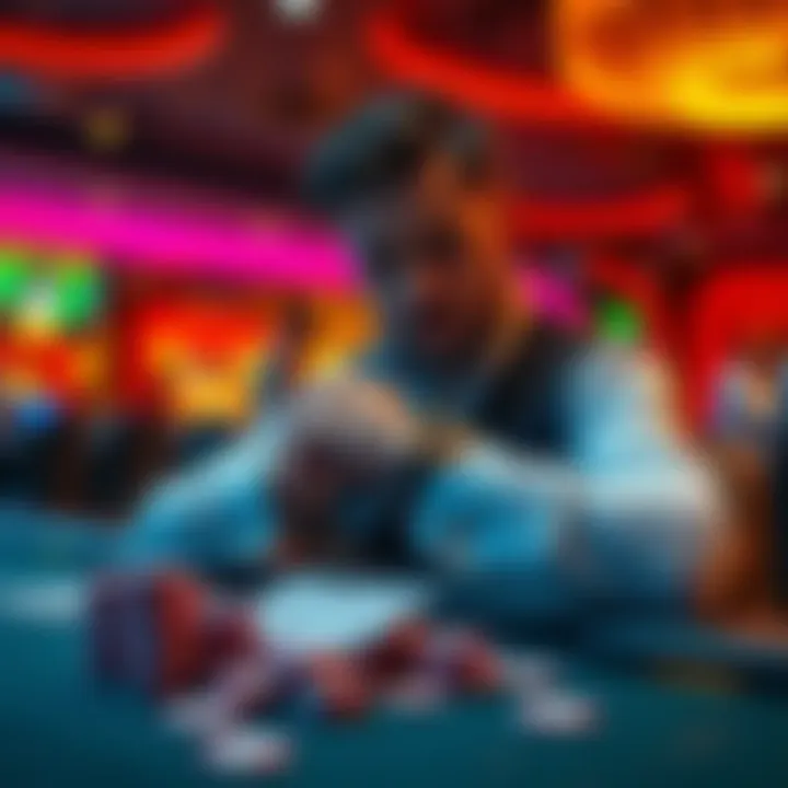A focused player in a casino is checking the time on a watch while seated at a gaming table, surrounded by chips and cards.