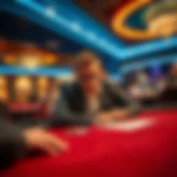 Player deciding to stop at a casino table A focused player at a casino table contemplating their next move, showing signs of decision-making, with chips and cards on the table