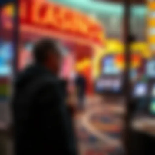 A casino player looks upset outside the entrance with a gaming ticket in hand after winning a prize.