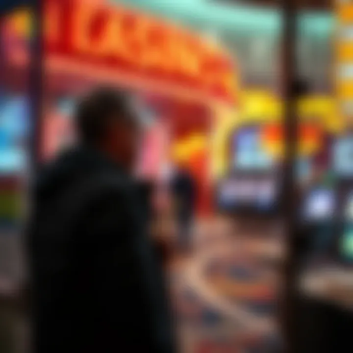 A casino player looks upset outside the entrance with a gaming ticket in hand after winning a prize.