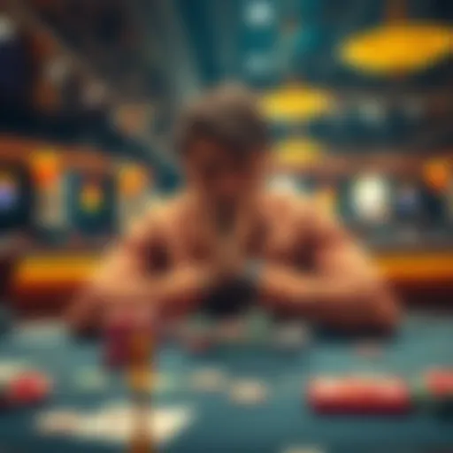 A frustrated casino player sitting at a gaming table with head in hands, surrounded by chips and cards