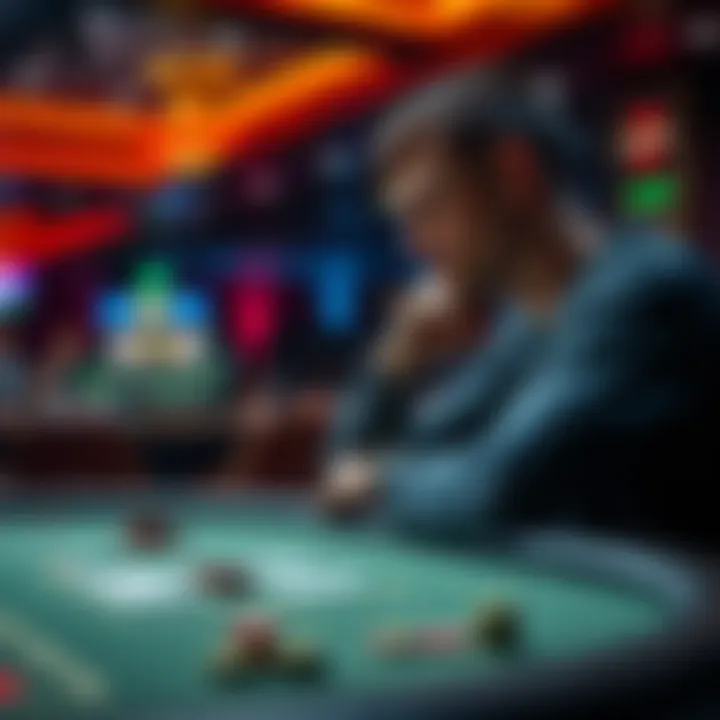 A casino player sitting at a gaming table, deep in thought about their recent experiences at Stake, with cards and chips in front of them.