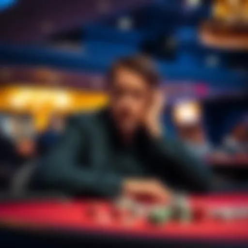 A person sitting at a casino table, looking thoughtful after a game, with chips in front and a concerned expression on their face.
