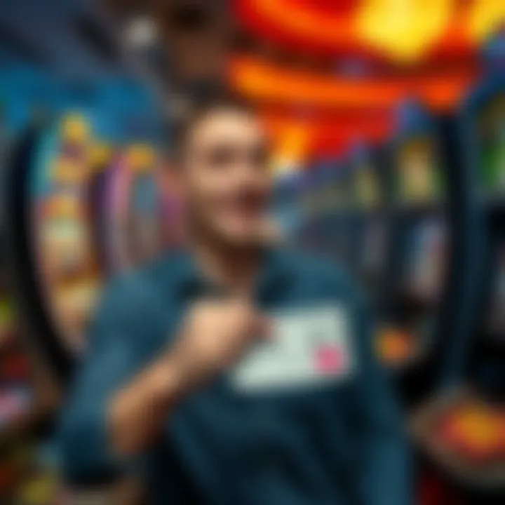 A casino player smiles happily while holding a winning ticket, despite looking tired and surrounded by gaming machines, showing the contrast between joy and exhaustion.