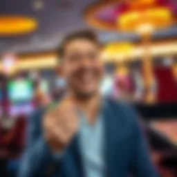 A player at a casino with a big smile, holding chips after winning back their money. The background shows bright lights and gaming machines.