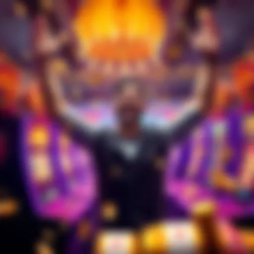 A joyful casino player with arms raised, surrounded by flashing slot machine lights and coins, celebrating a significant jackpot win after three spins.
