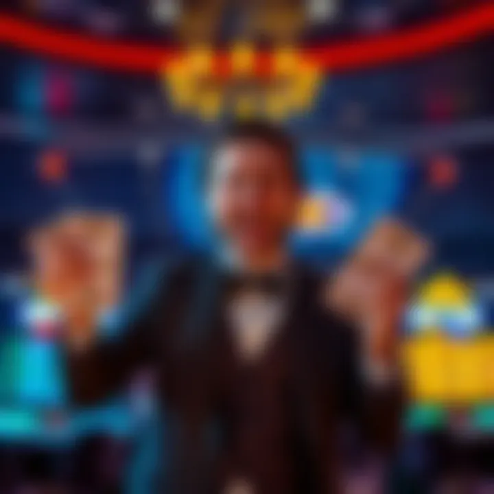 A happy player in a casino holding two winning payouts with excitement