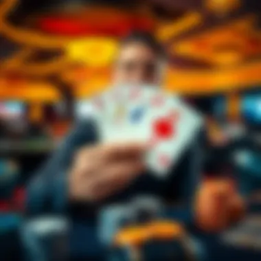 A smiling player holding a Royal Flush hand of cards in a casino, with chips and cash on the table, celebrating a big win.