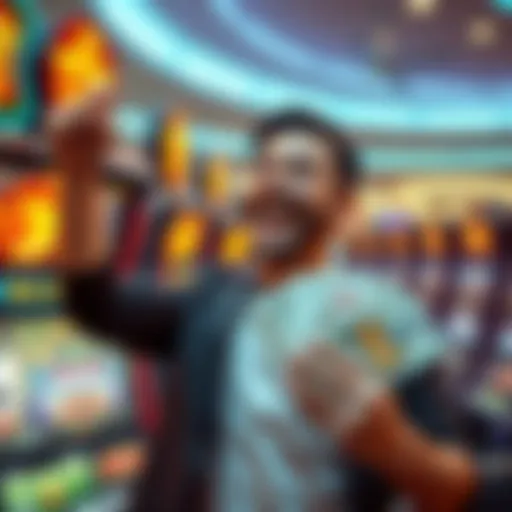A happy casino player holding cash after a big win, celebrating with a backdrop of slot machines