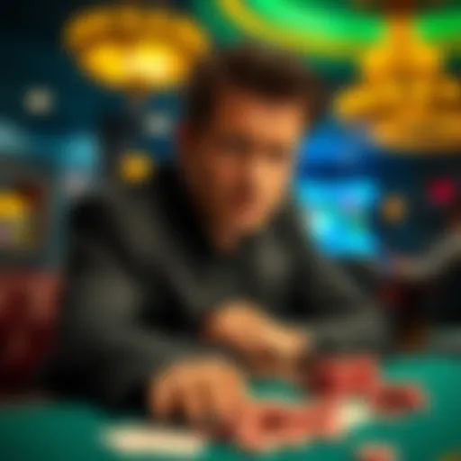 Casino player looking worried A concerned casino player sitting at a table with cards and chips, showing signs of stress from recent losses.