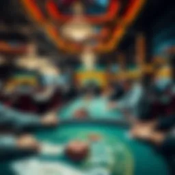 People playing at casino tables with chips and cards in focus