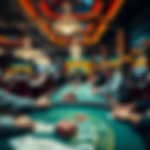 People playing at casino tables with chips and cards in focus