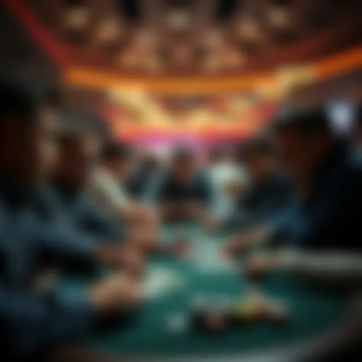 Group of players concentrating at a poker table in a casino, with cards and chips in front of them, displaying intense emotions during the game