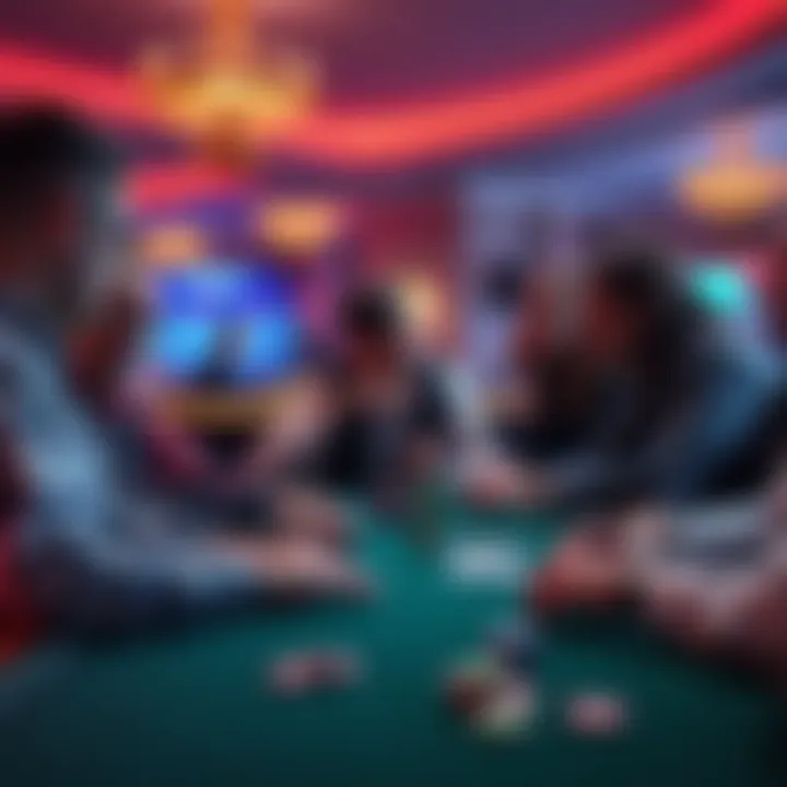 A group of players at a casino table talking about how to handle bonus winnings, with chips and cards in front of them
