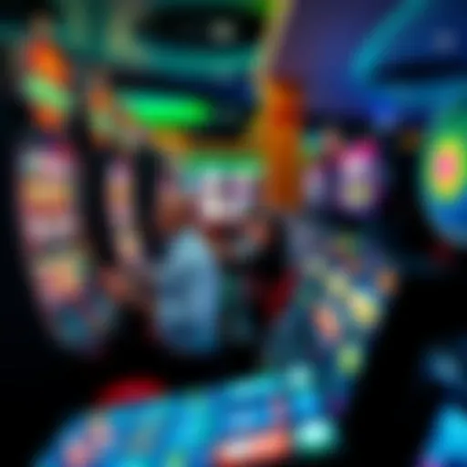 A group of excited players at a casino trying different slot machines after cashing out their winnings