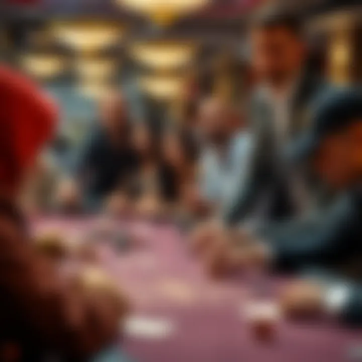 Casino Players at a Table A group of diverse casino players sitting at a table, looking focused while playing cards and chips, showing their emotions during the game.