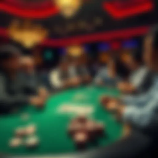 A crowded poker table with chips and cards, highlighting players engaged in a game while a dealer monitors the action.