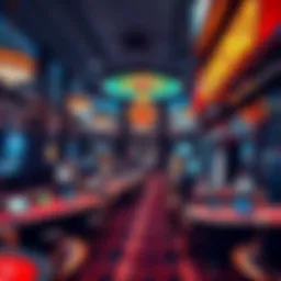 A vibrant casino featuring a poker room and nearby shopping areas, with players at poker tables and shoppers browsing stores.