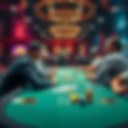 A poker table in a casino featuring players engaged in a game, showcasing their focus and strategy