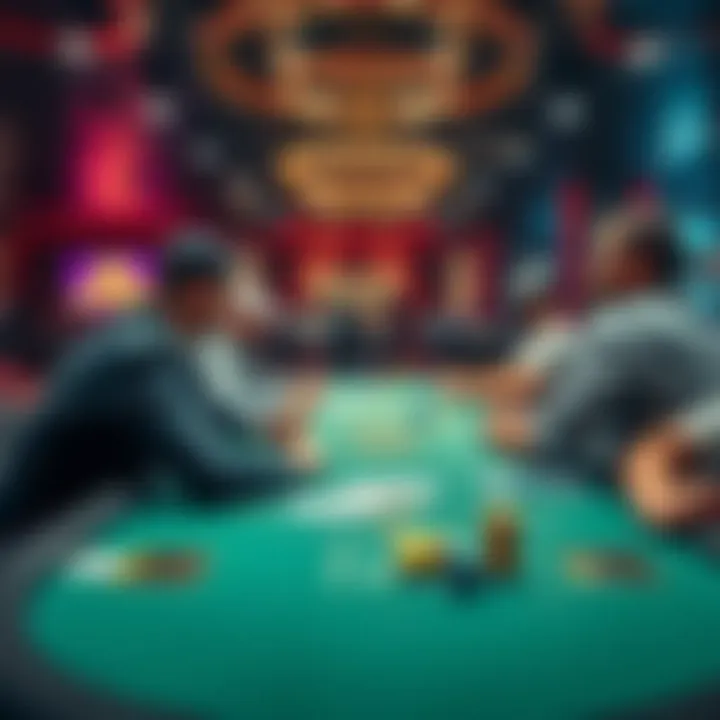 A poker table in a casino featuring players engaged in a game, showcasing their focus and strategy