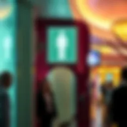 A bright restroom sign at the entrance of a casino with people walking by