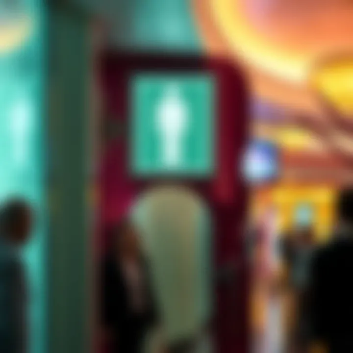 A bright restroom sign at the entrance of a casino with people walking by