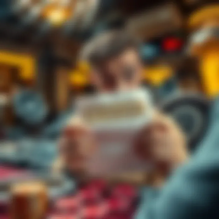 A person looking frustrated at a casino table filled with chips and a confused expression, holding a paper with a reward request